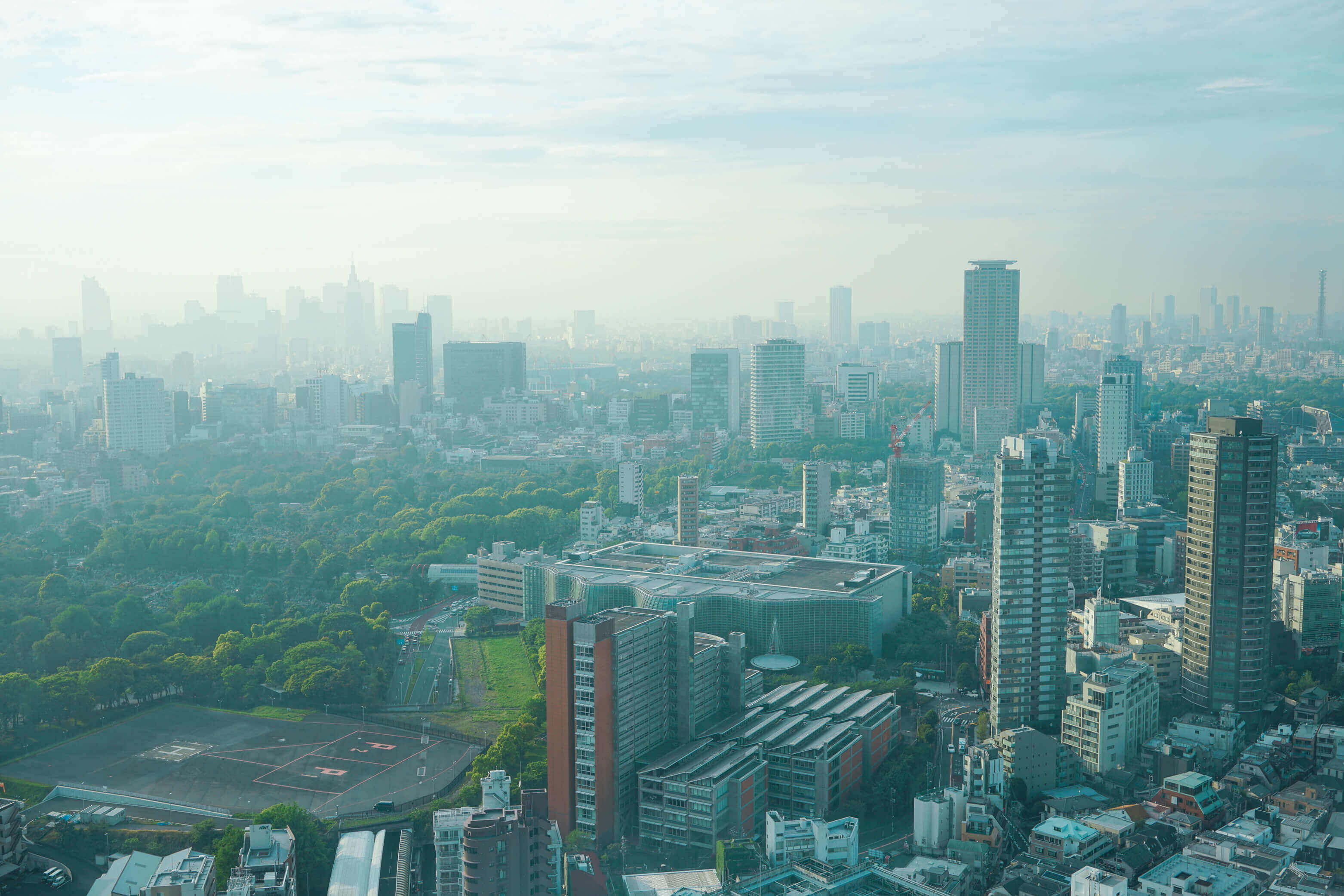 赤坂の東京新美術館を中心として周りに広がる緑を高層ビルから見下ろす形で撮影した写真